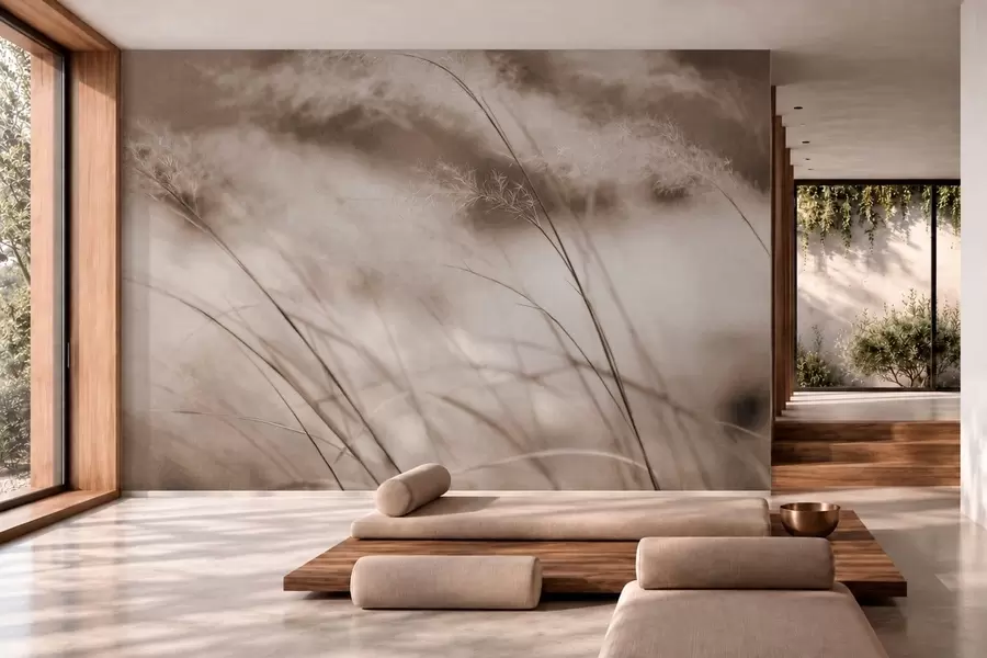 wall murals Slender grasses and feathery blooms in beige tones w05886v2
