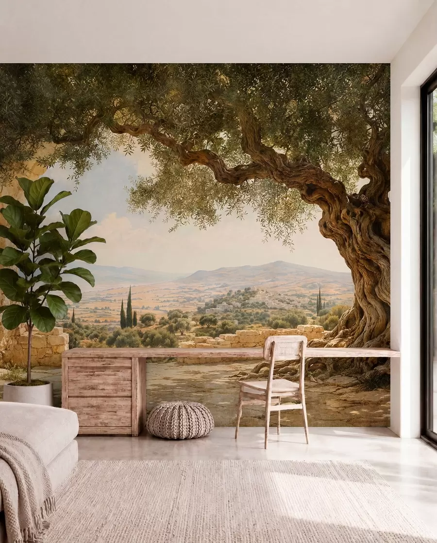 wall murals Ancient olive tree among stone ruins and hills w05896