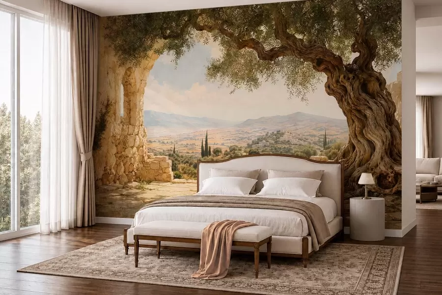 wall murals Ancient olive tree among stone ruins and hills w05896