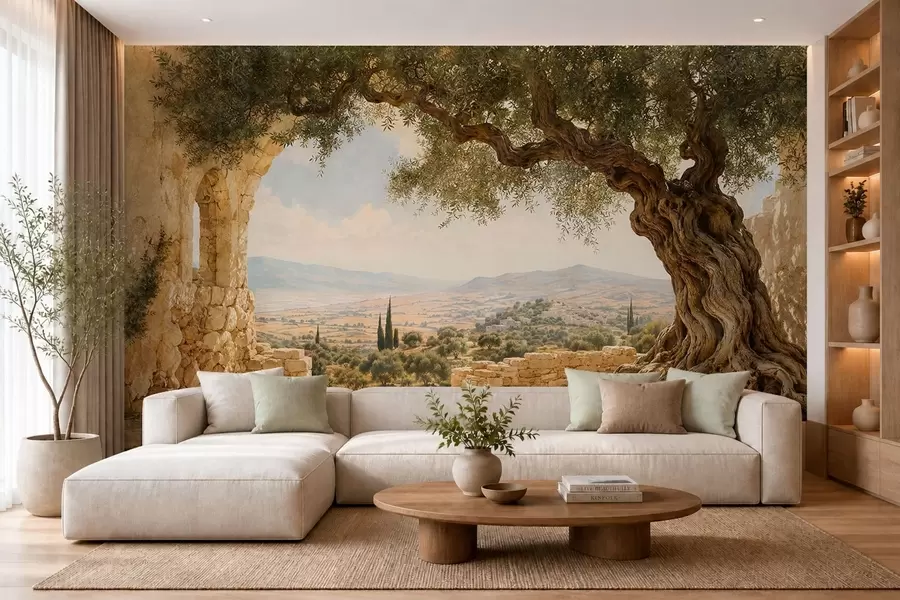 wall murals Ancient olive tree among stone ruins and hills w05896