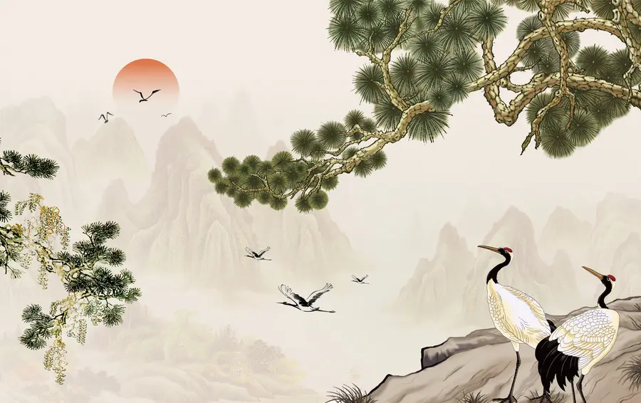 wall murals Mountains, storks under the pine u34508