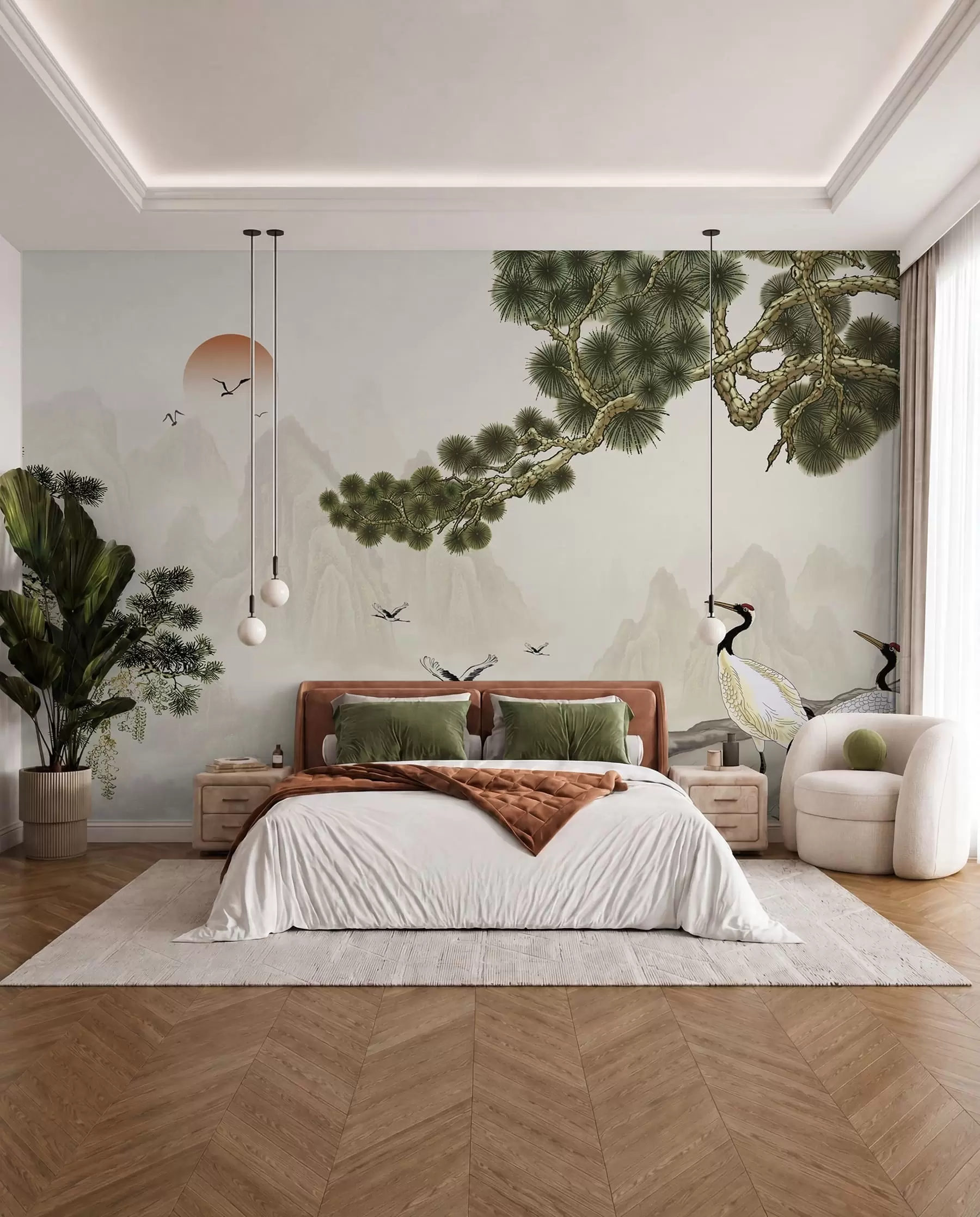 wall murals Mountains, storks under the pine u34508