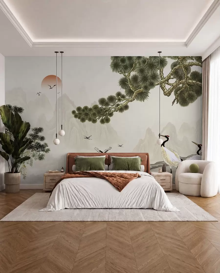 wall murals Mountains, storks under the pine u34508