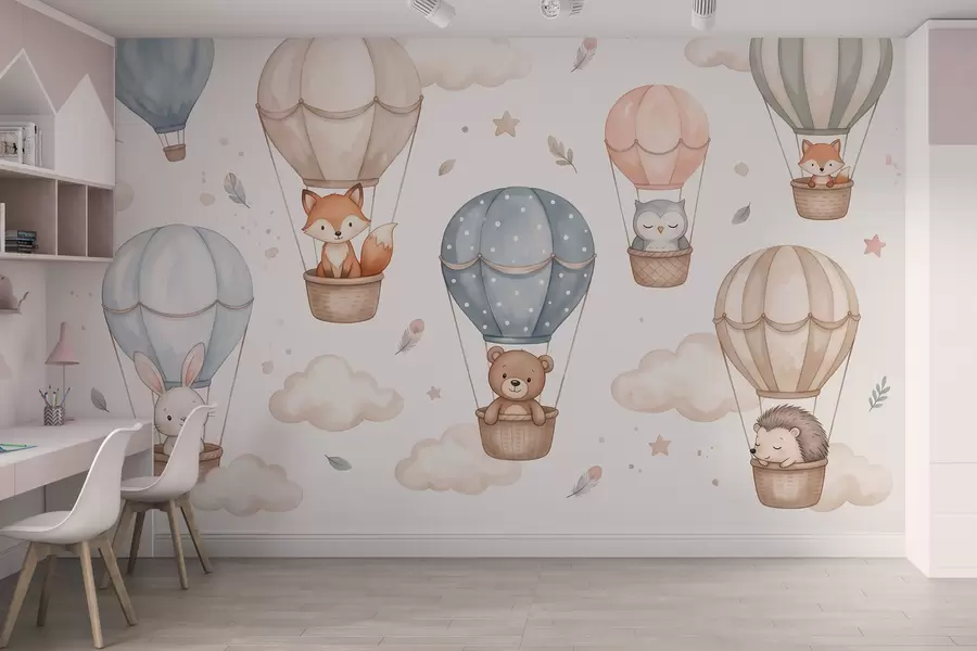 wall murals Woodland animals in hot air balloons, watercolor style, pastel palette w10001