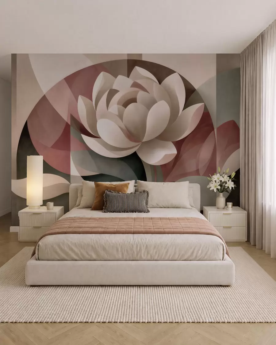 wall murals Large abstract flower in a faceted geometric technique, muted powder-emerald palette w10035