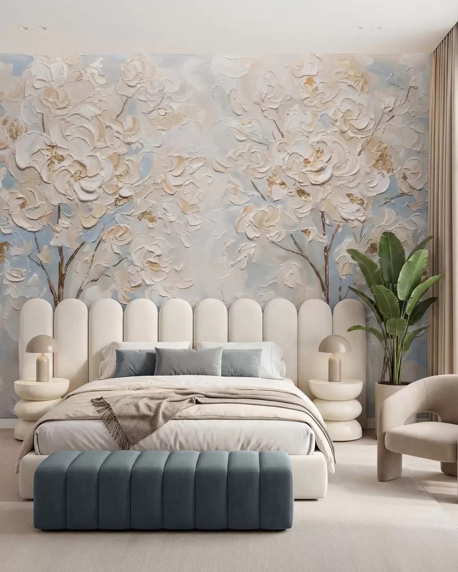 wall murals Voluminous white blossoms on trees, imitation oil painting w10039