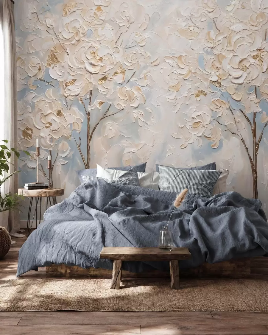 wall murals Voluminous white blossoms on trees, imitation oil painting w10039