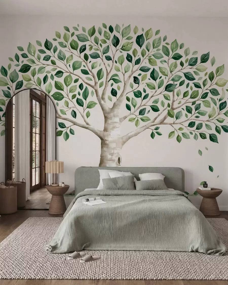 wall murals Tree with green foliage, watercolor style, minimalist w10046