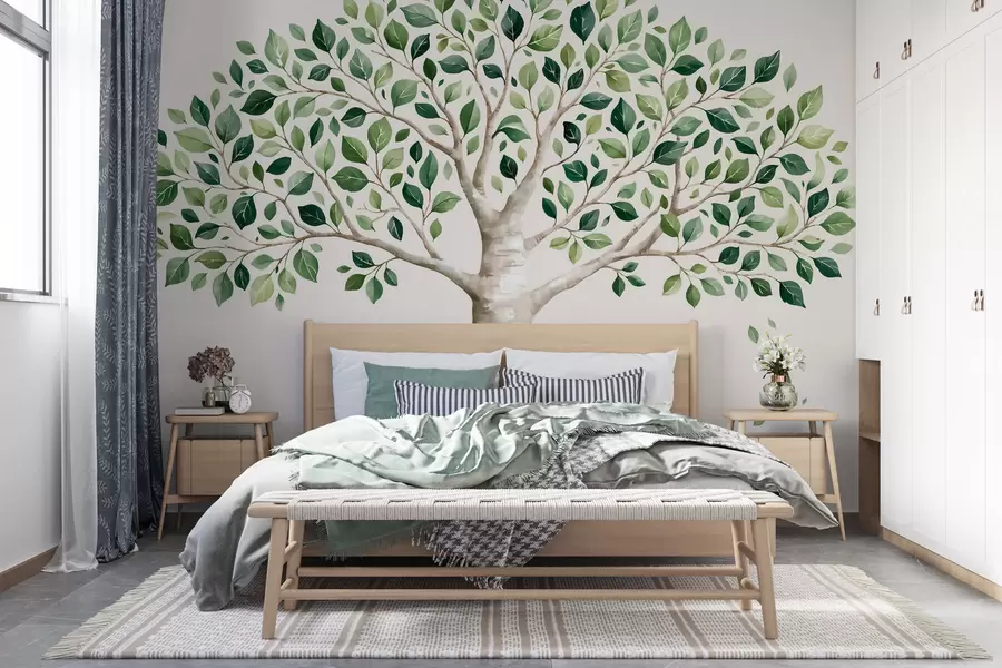 wall murals Tree with green foliage, watercolor style, minimalist w10046