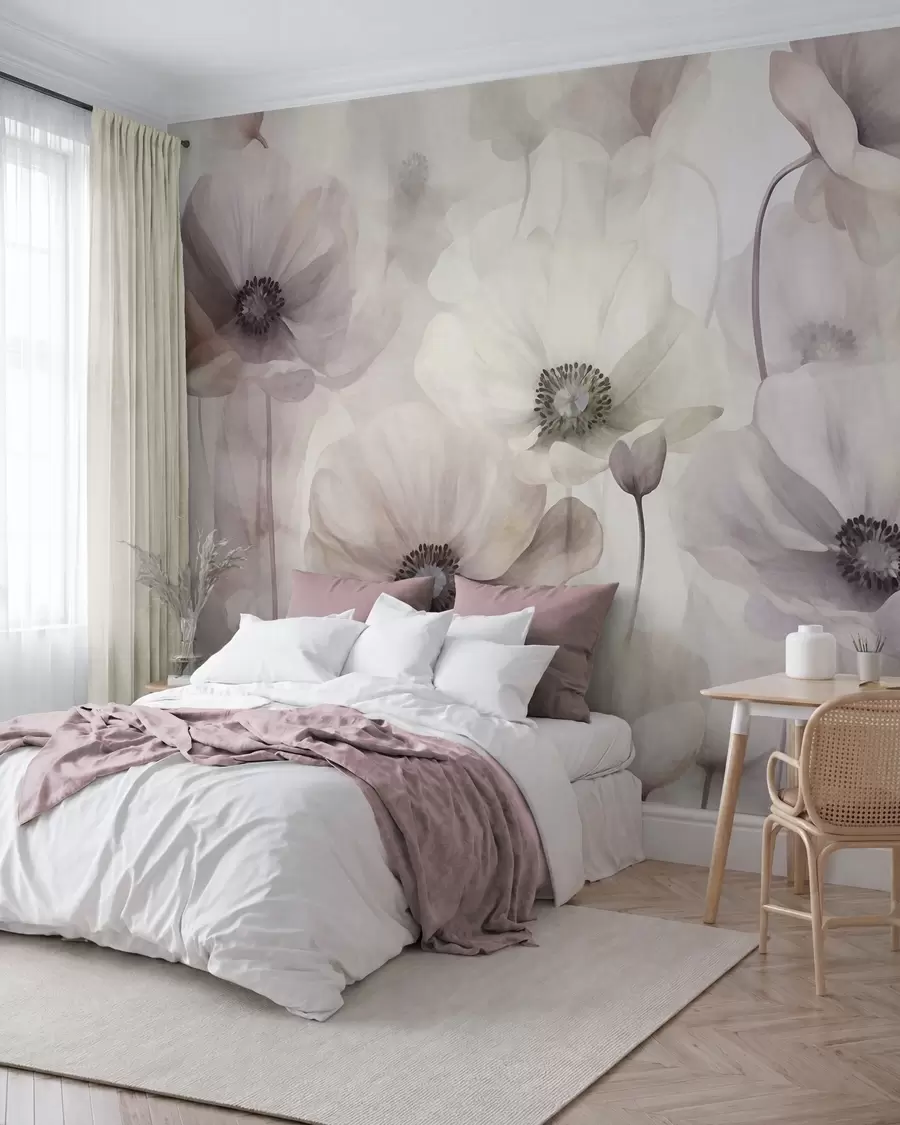 wall murals Pale pink and beige poppies with delicate petals w10029