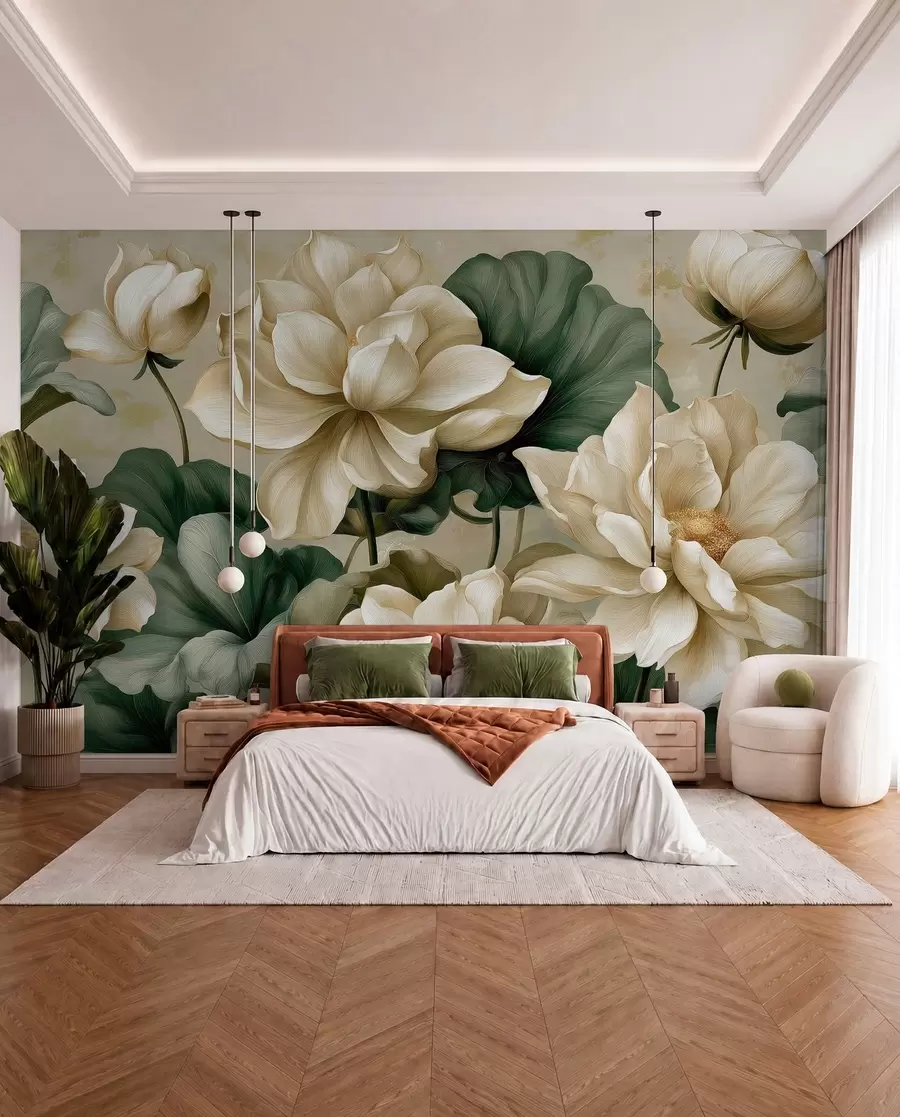 wall murals Lotus flowers and leaves w05746
