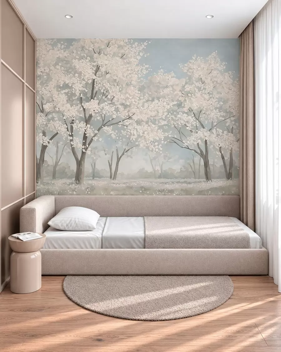 wall murals Pale blooming trees in a meadow in pastel tones w05897