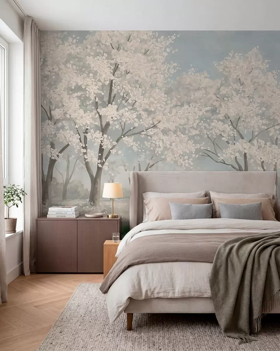 wall murals Pale blooming trees in a meadow in pastel tones w05897