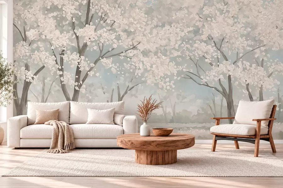wall murals Pale blooming trees in a meadow in pastel tones w05897