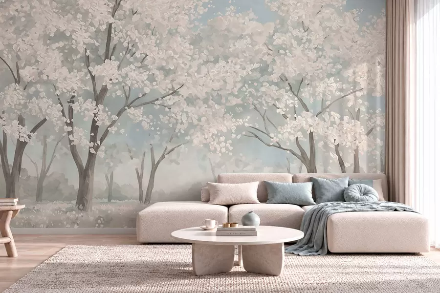 wall murals Pale blooming trees in a meadow in pastel tones w05897
