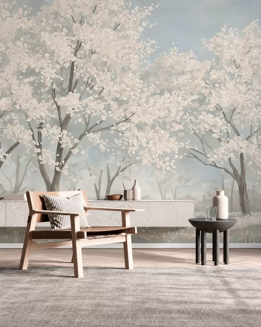 wall murals Pale blooming trees in a meadow in pastel tones w05897