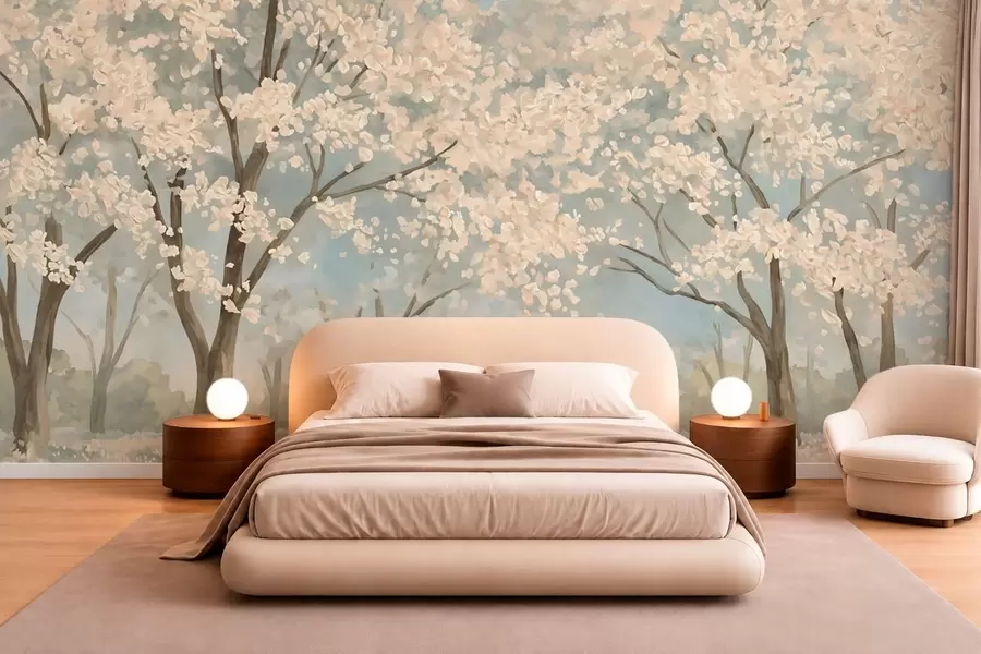 wall murals Blooming pale trees beneath a soft blue sky w05897v1
