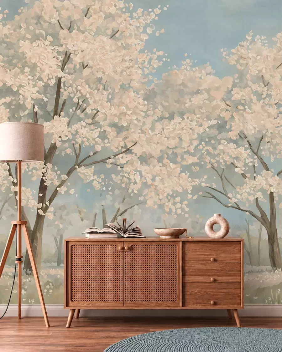 wall murals Blooming pale trees beneath a soft blue sky w05897v1