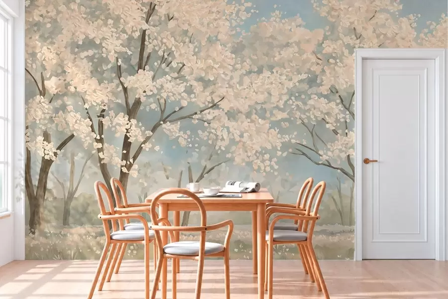 wall murals Blooming pale trees beneath a soft blue sky w05897v1
