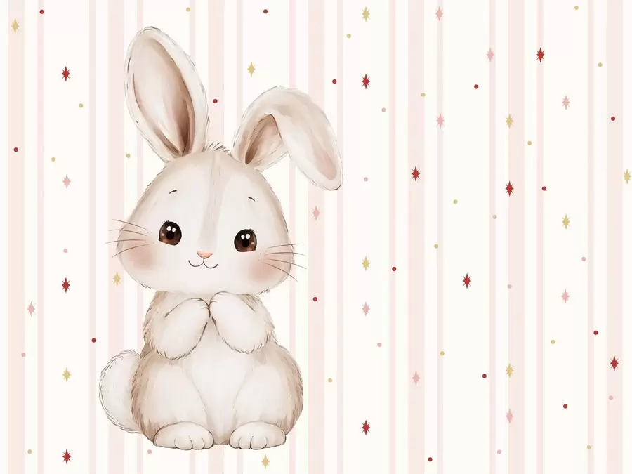 wall murals Cute bunny against pink stripes and colorful stars w05920