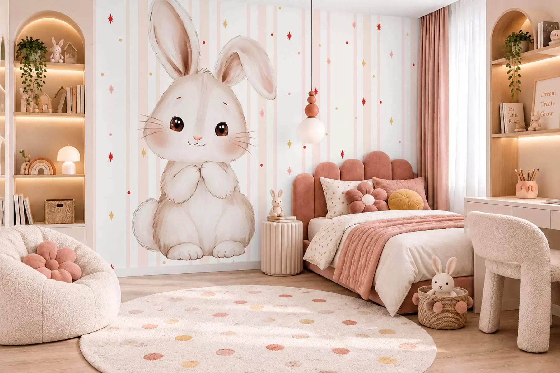 wall murals Cute bunny against pink stripes and colorful stars w05920