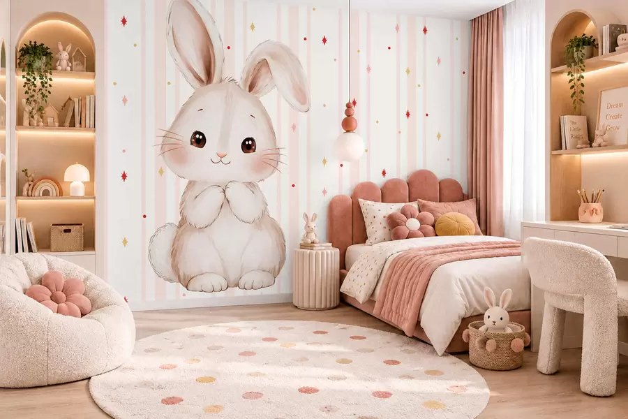 wall murals Cute bunny against pink stripes and colorful stars w05920