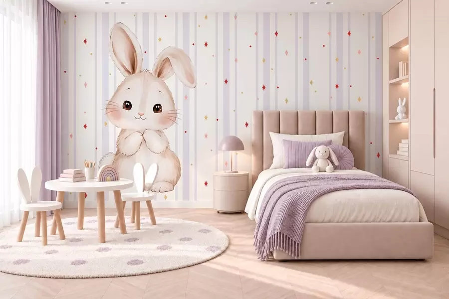 wall murals Cute bunny against lilac stripes and bright stars w05920v1