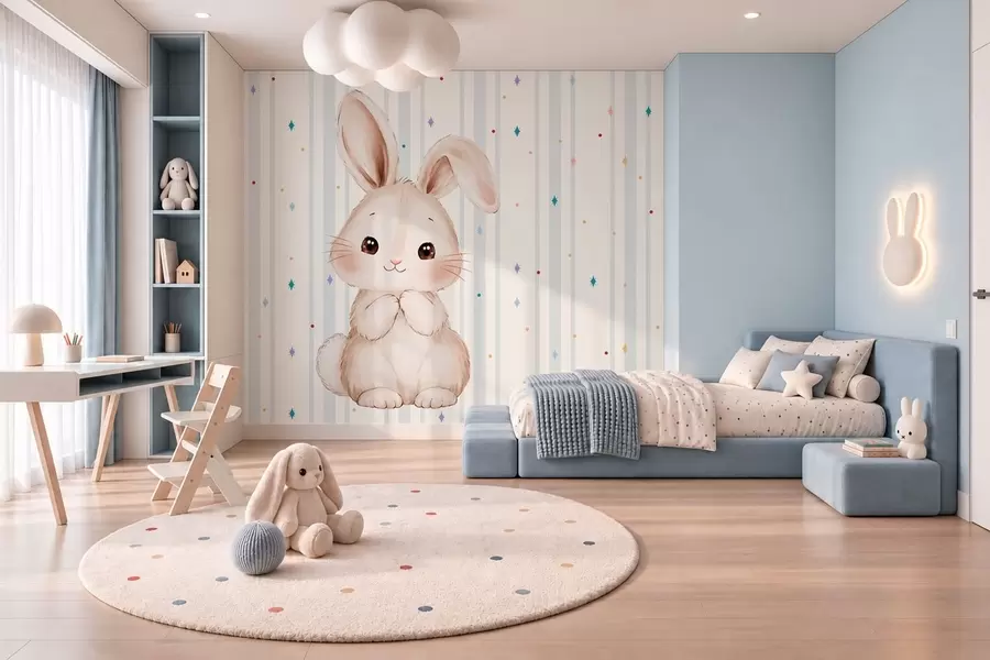 wall murals Cute bunny against blue stripes and colorful stars w05920v3