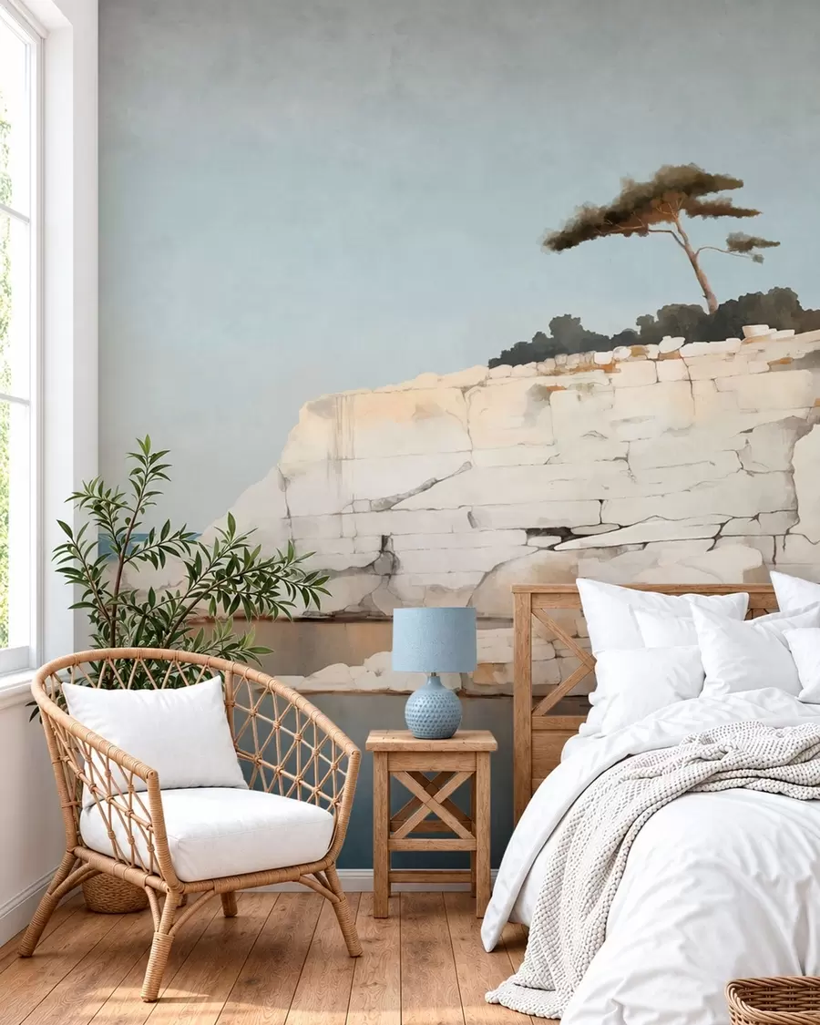 wall murals Pale cliffs by calm sea with a solitary tree w05922
