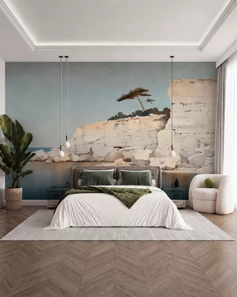 wall murals Pale cliffs by calm sea with a solitary tree w05922