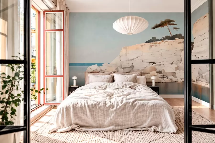 wall murals Pale cliffs by calm sea with a solitary tree w05922