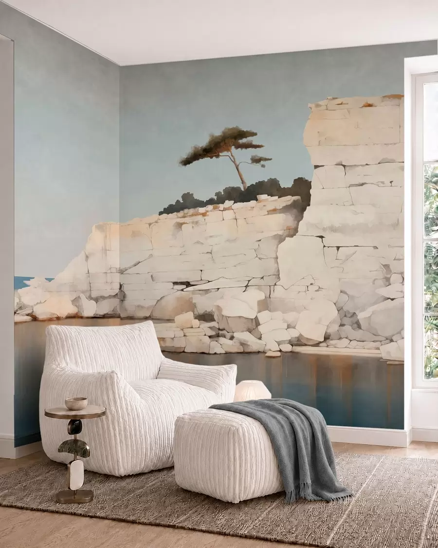 wall murals Pale cliffs by calm sea with a solitary tree w05922