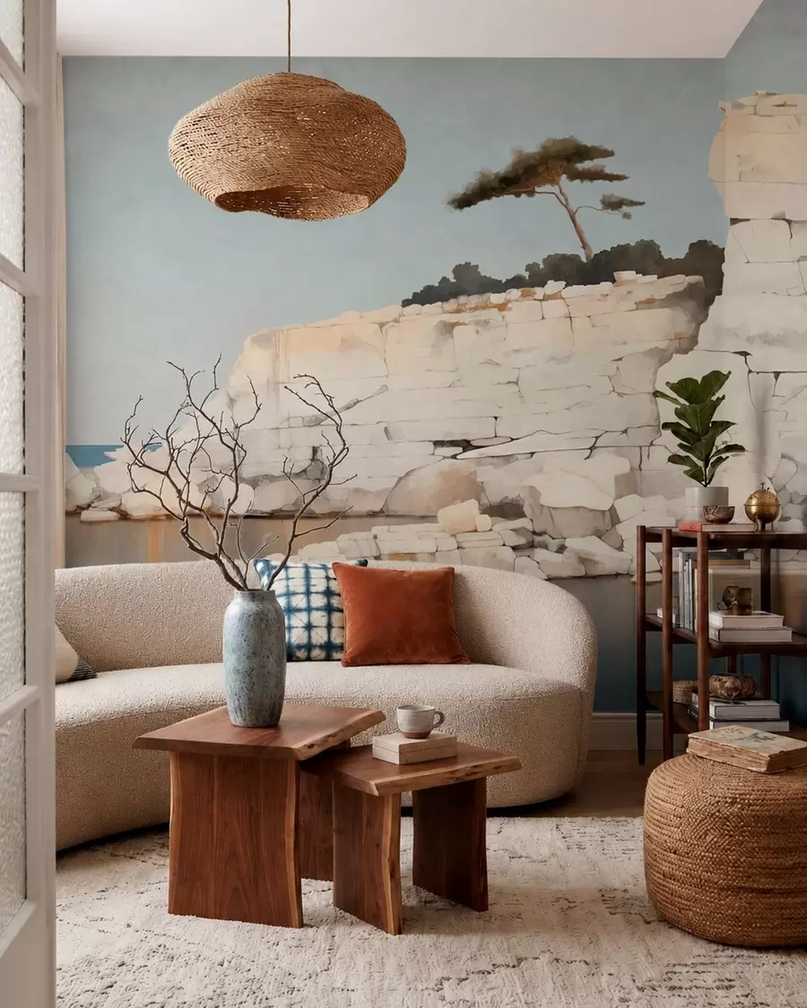 wall murals Pale cliffs by calm sea with a solitary tree w05922