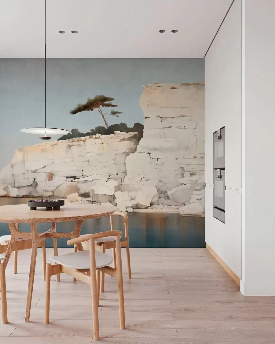 wall murals Pale cliffs by calm sea with a solitary tree w05922