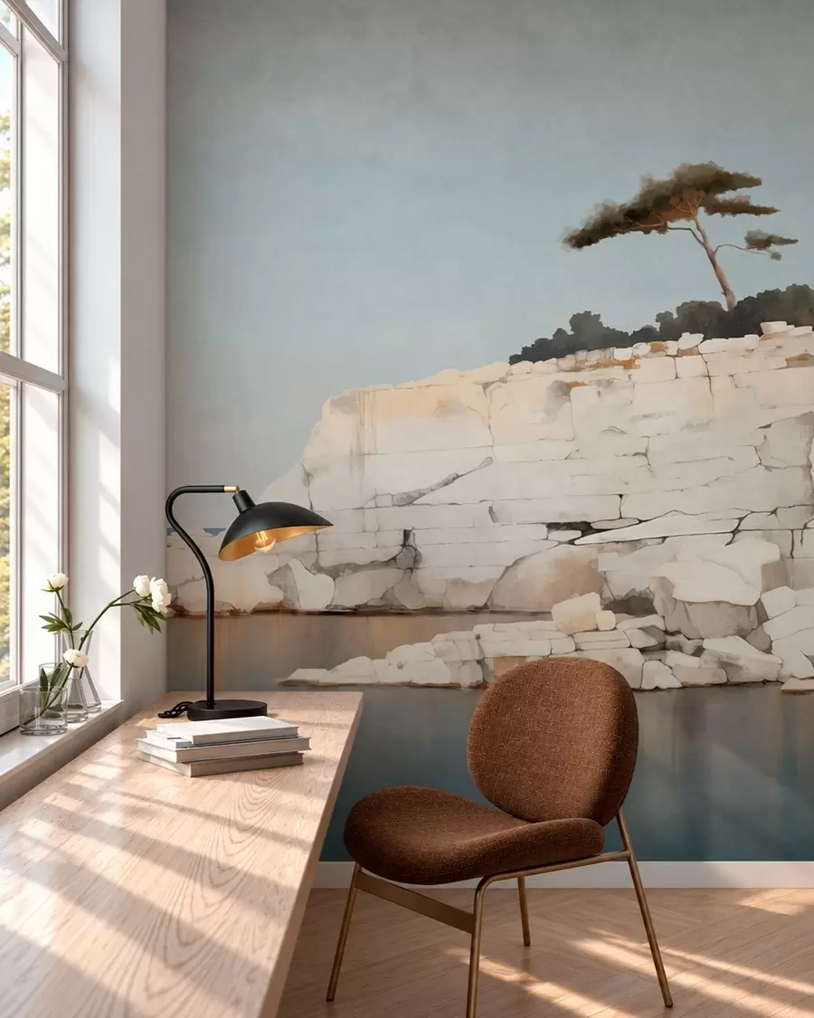 wall murals Pale cliffs by calm sea with a solitary tree w05922