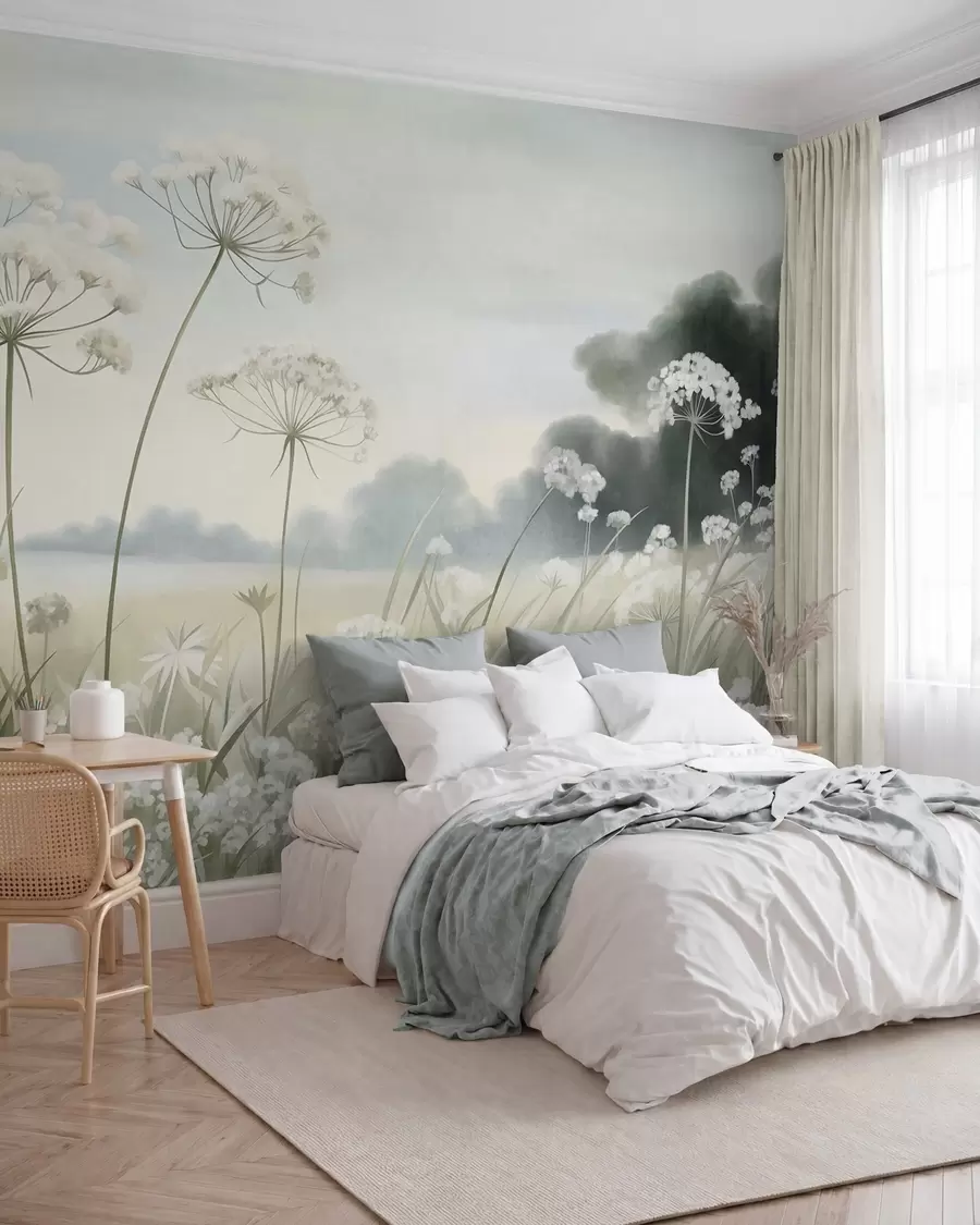 wall murals Landscape with wildflowers and tall grasses in a field, muted colors, textured w10032