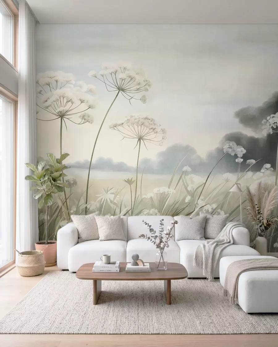 wall murals Landscape with wildflowers and tall grasses in a field, muted colors, textured w10032