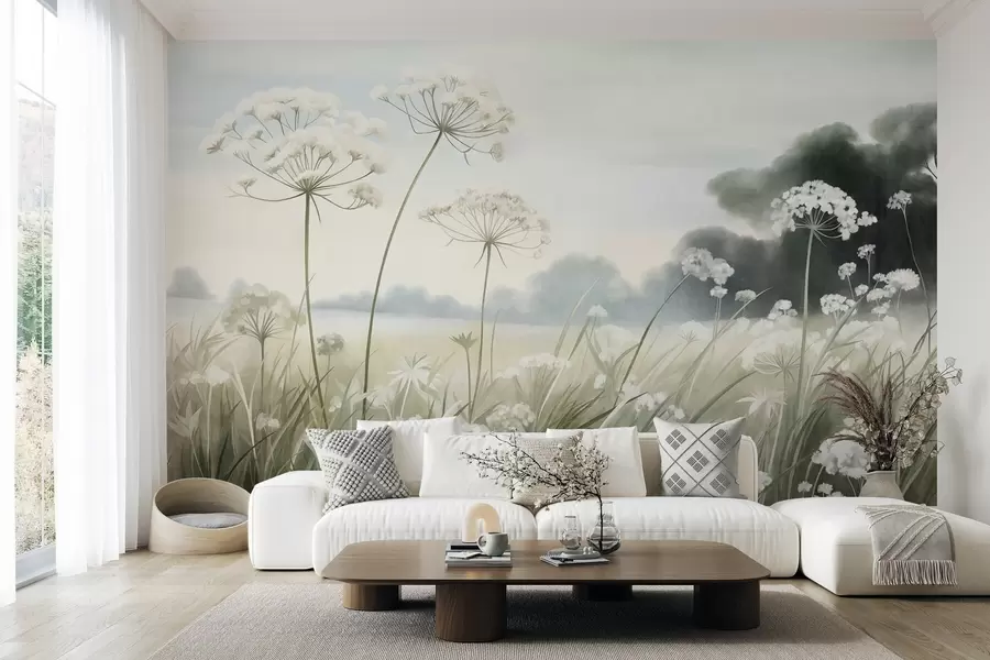 wall murals Landscape with wildflowers and tall grasses in a field, muted colors, textured w10032