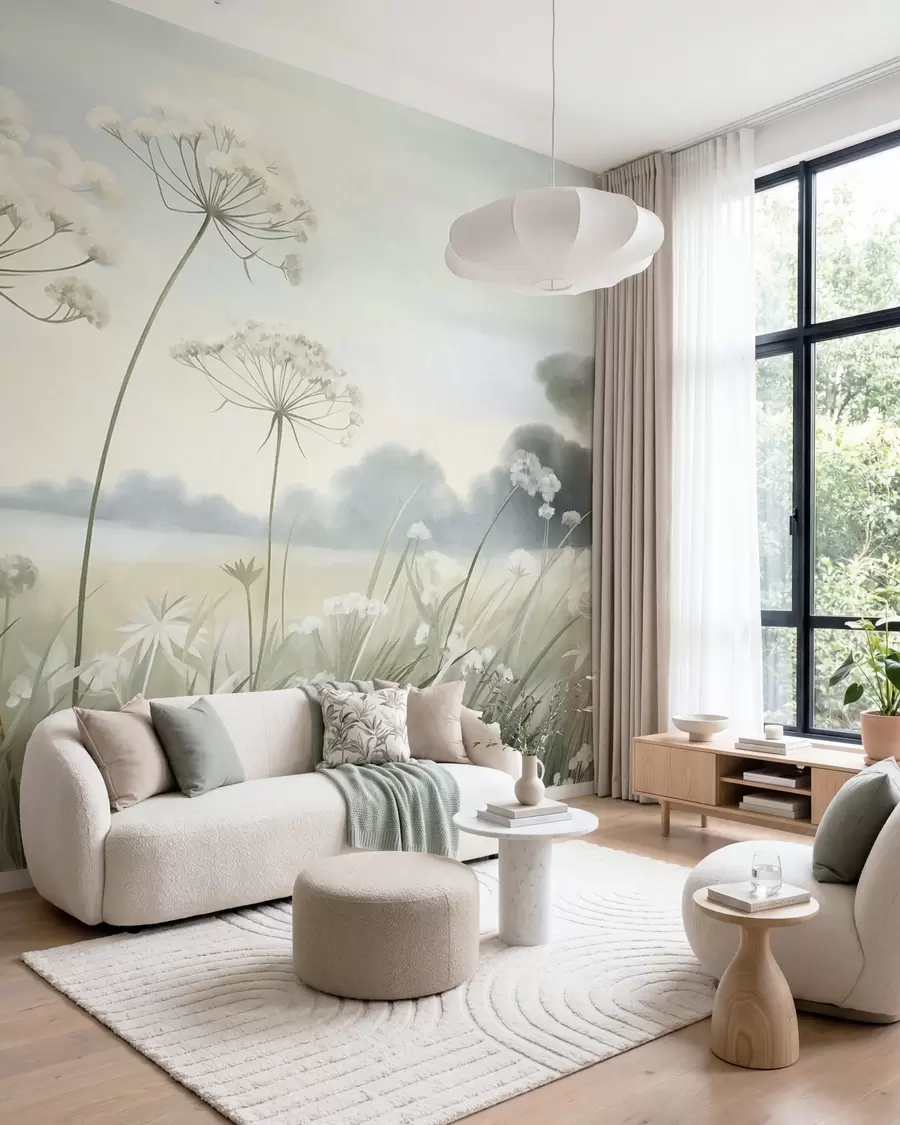 wall murals Landscape with wildflowers and tall grasses in a field, muted colors, textured w10032