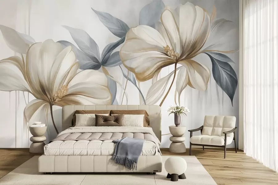wall murals Abstract delicate flowers with thin, brown stems and muted blue leaves, textured w10058
