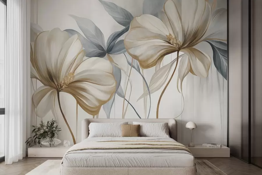wall murals Abstract delicate flowers with thin, brown stems and muted blue leaves, textured w10058