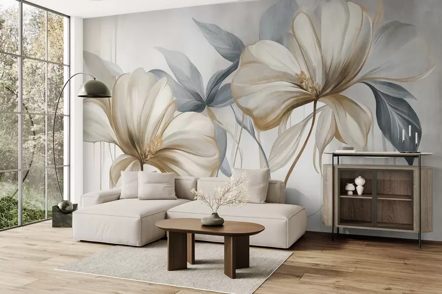 wall murals Abstract delicate flowers with thin, brown stems and muted blue leaves, textured w10058
