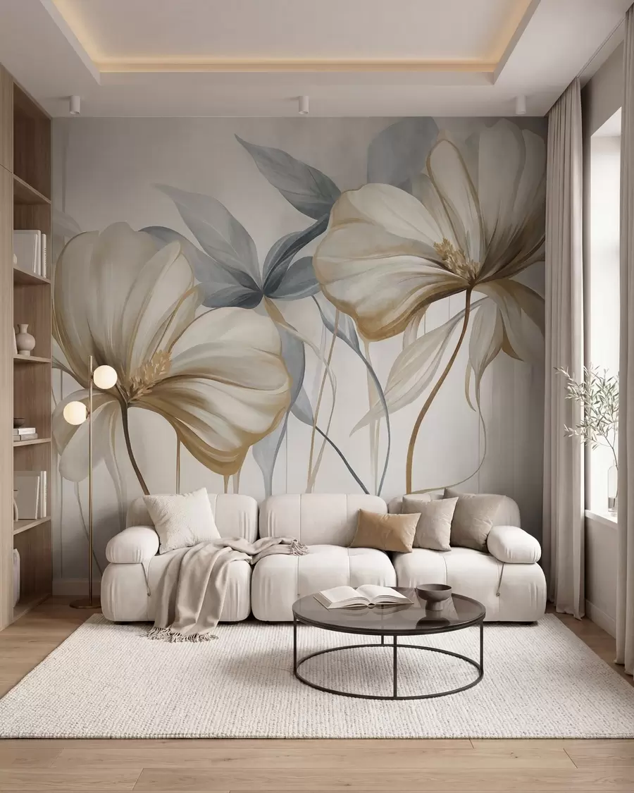 wall murals Abstract delicate flowers with thin, brown stems and muted blue leaves, textured w10058
