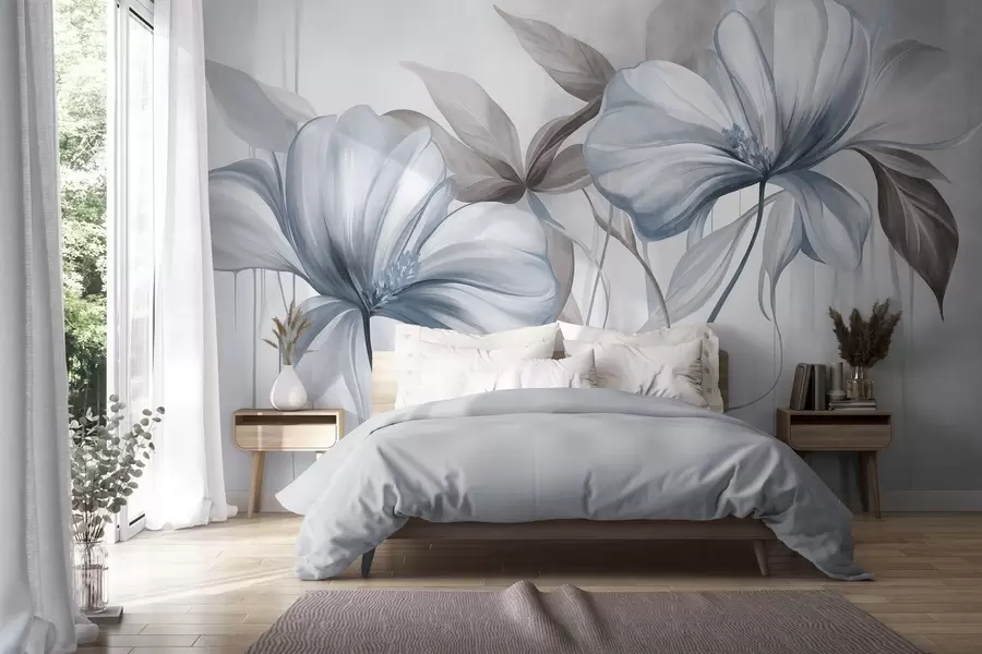 wall murals Abstract delicate flowers with thin, blue stems and muted leaves, textured w10058v1