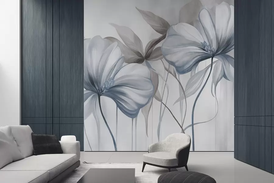 wall murals Abstract delicate flowers with thin, blue stems and muted leaves, textured w10058v1