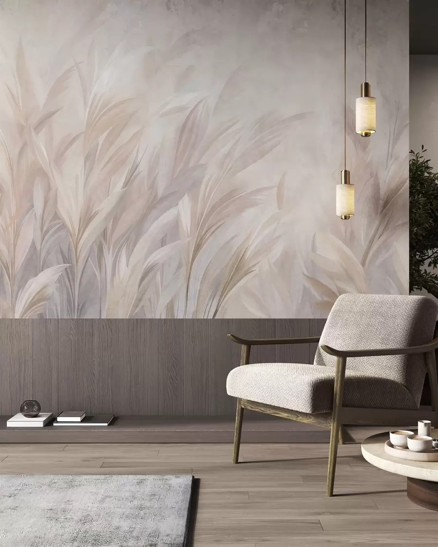 wall murals Tall, feathery grass in soft pastel colors, with a light textured background w10060
