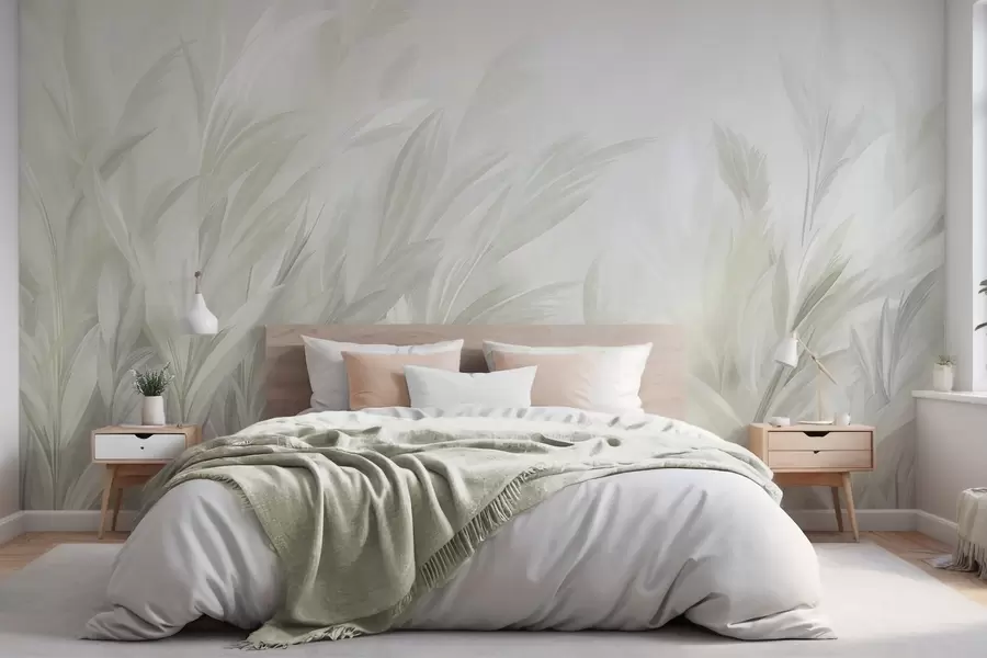wall murals Tall, feathery grass in soft pastel green colors, with a light textured background w10060v1