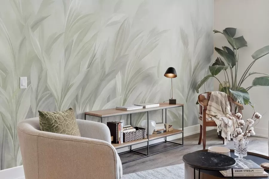 wall murals Tall, feathery grass in soft pastel green colors, with a light textured background w10060v1