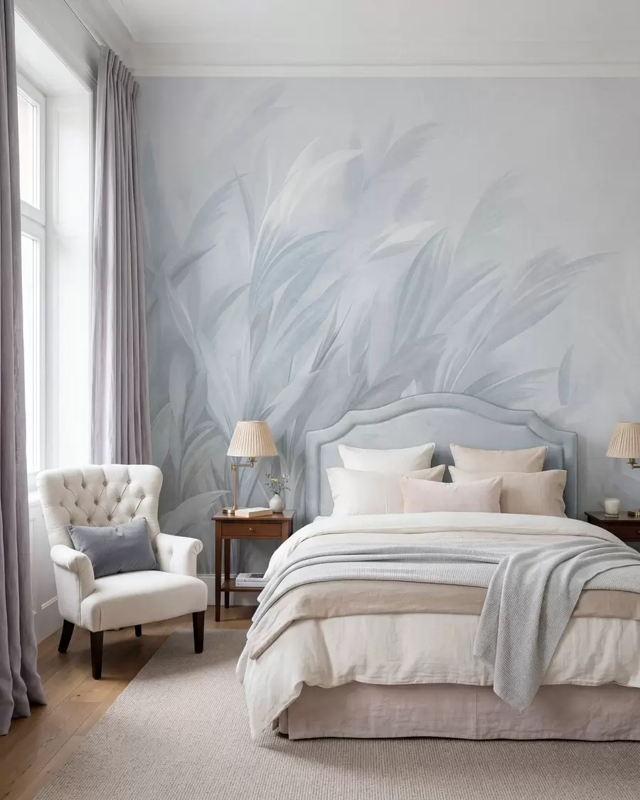 wall murals Tall, feathery grass in soft pastel blue colors, with a light textured background w10060v2