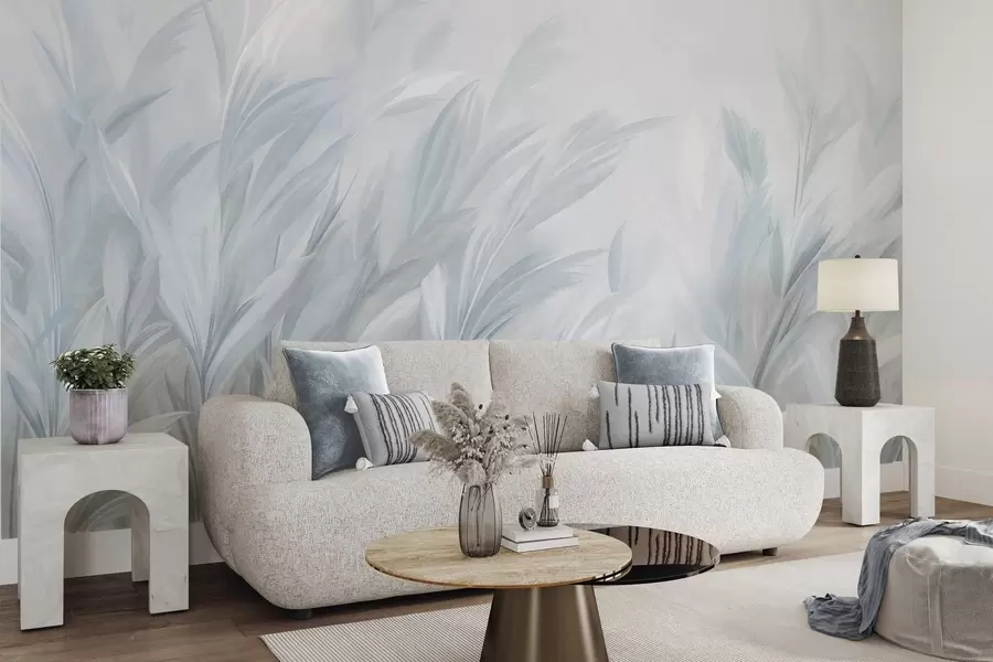 wall murals Tall, feathery grass in soft pastel blue colors, with a light textured background w10060v2